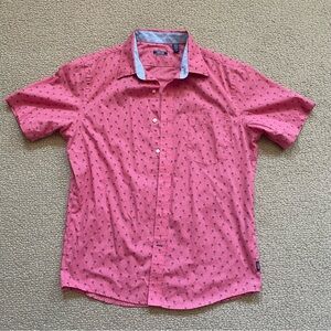 Men’s L palm tree-themed, collared, button-down, short-sleeve shirt